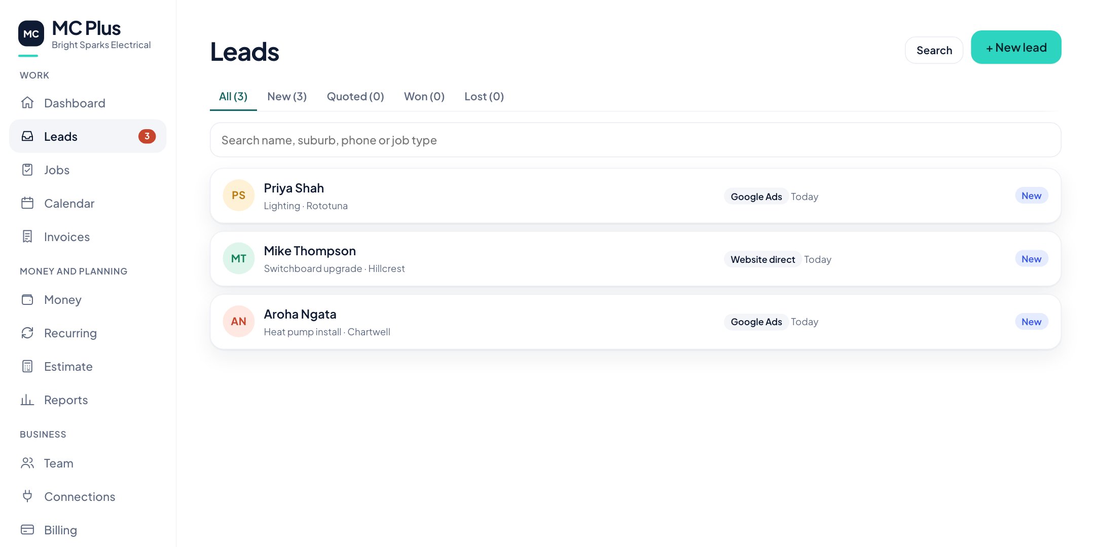 The MC Plus Leads screen: website and Google Ads enquiries in one list (made-up customers)